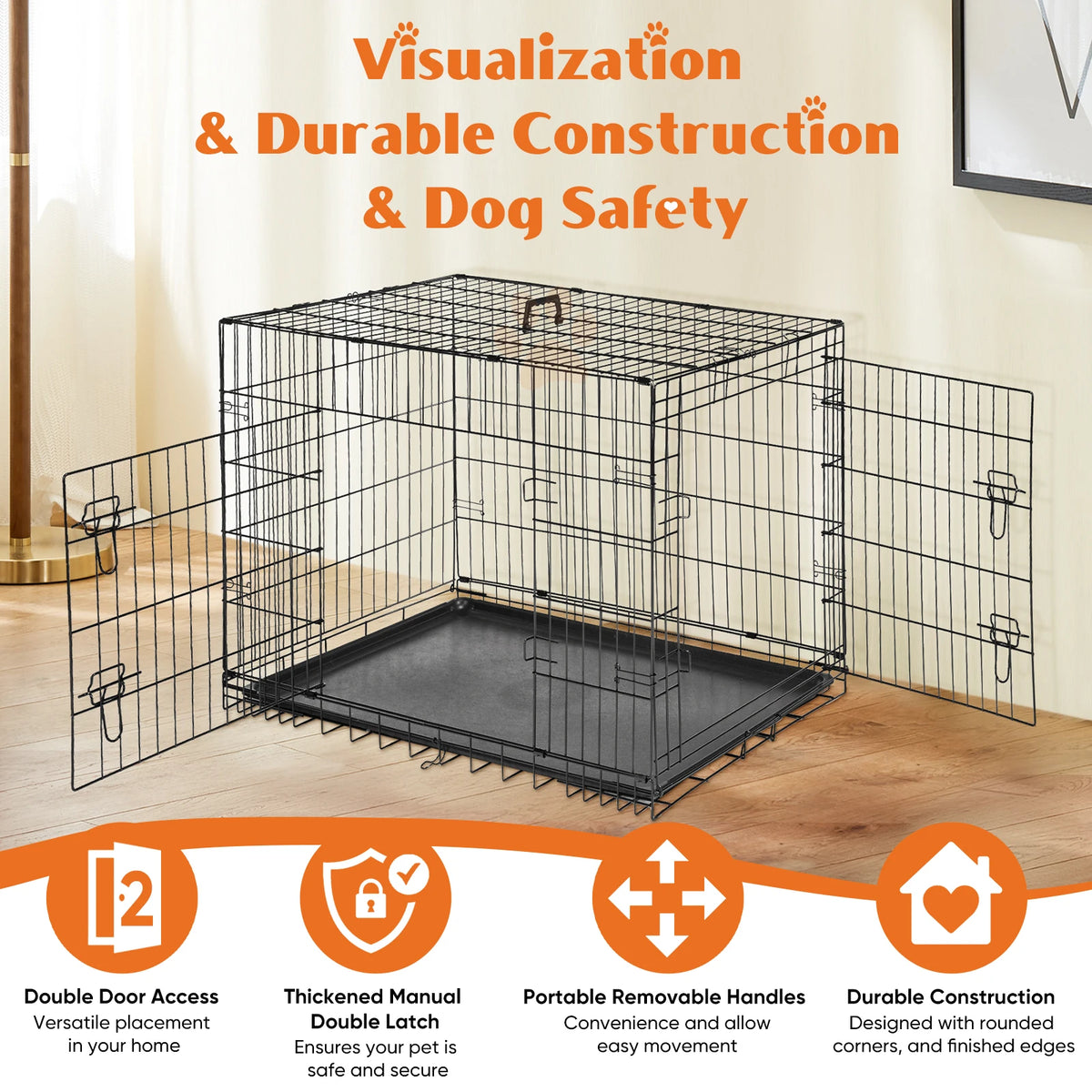 JHK Double Door Folding Metal Wire Dog Cage With Pan