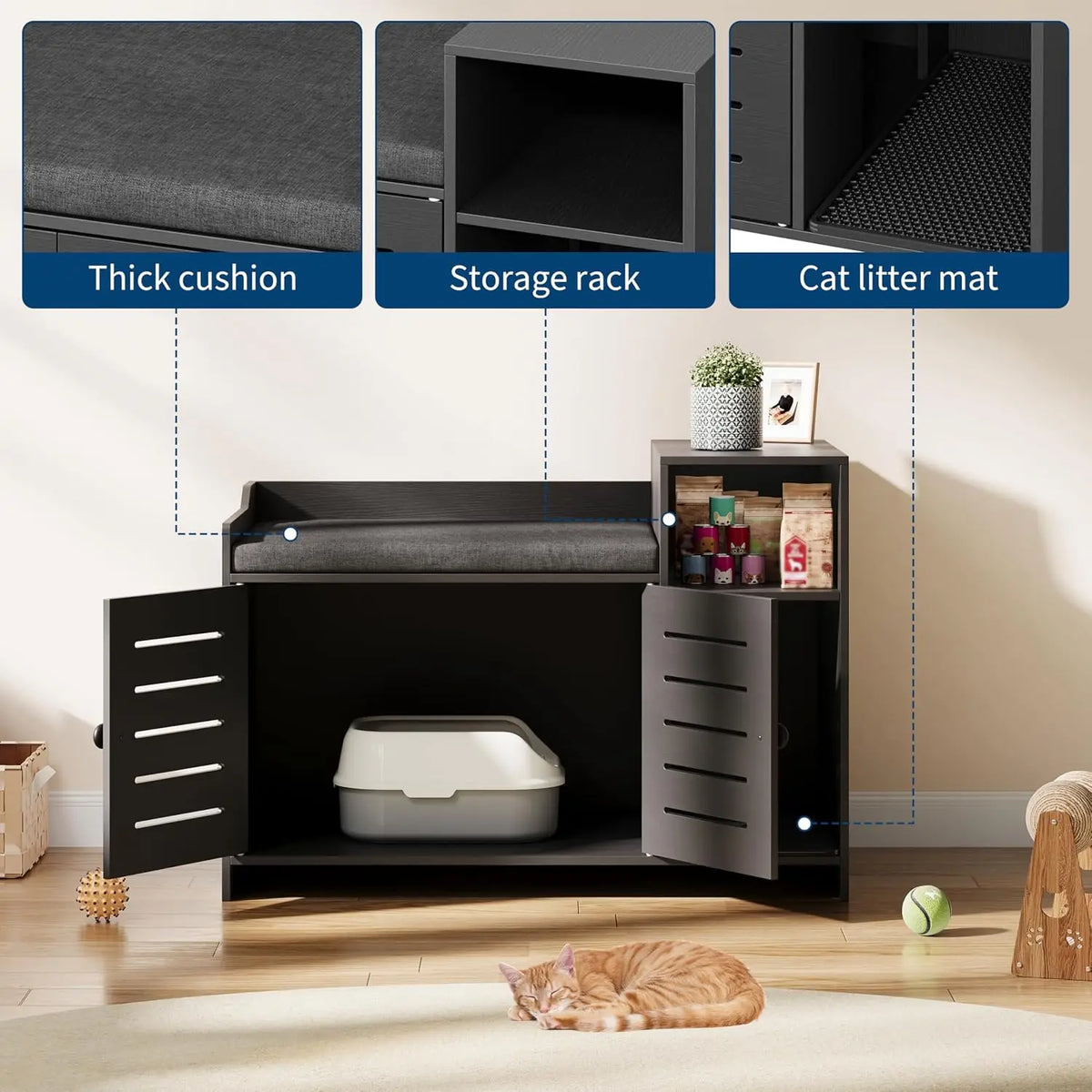 Garvee Farmhouse Cat Litter Box Enclosure Cabinet With Storage Shelf