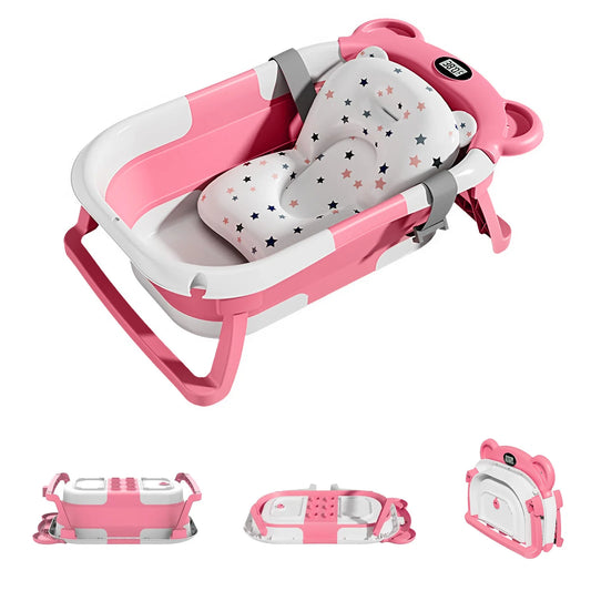 Portable Collapsible Baby Bathtub with Thermometer and Floating Cushion