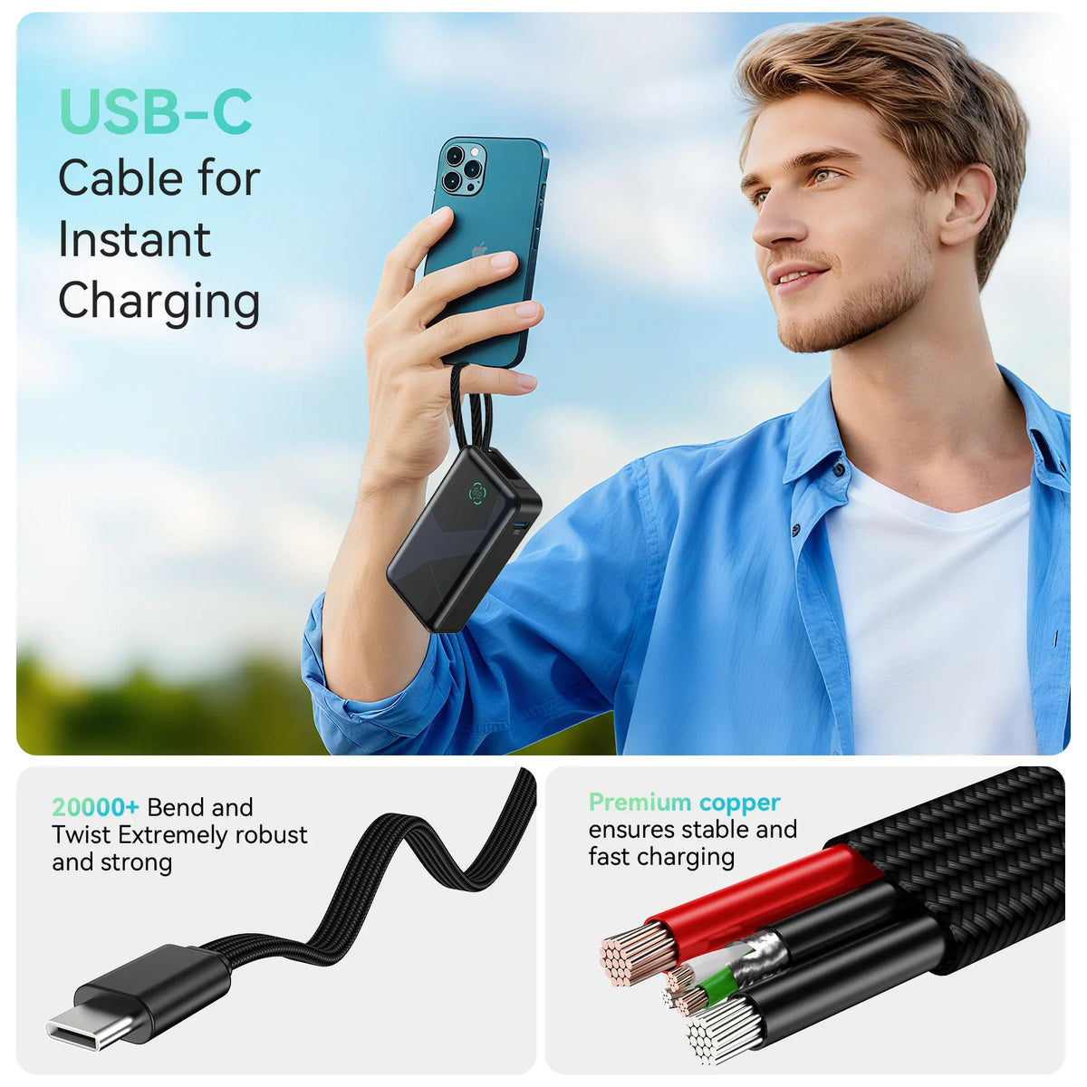 JINVAL 20000mAh Power Bank Built In Cable PD Fast Charging