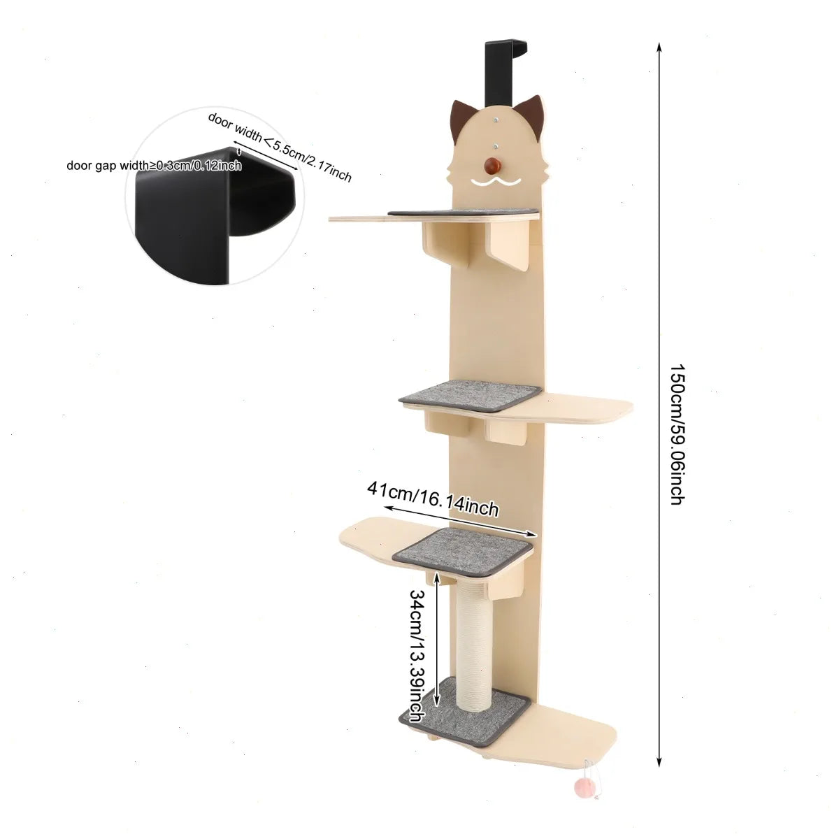 Door Hanging Cat Tree With Scratch Post And Wooden Shelves