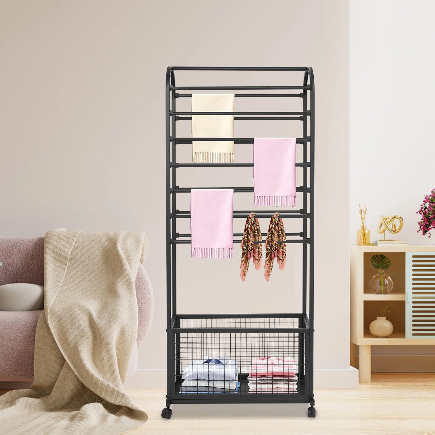 Iron Rolling Ribbon Holder Rack With Storage Basket