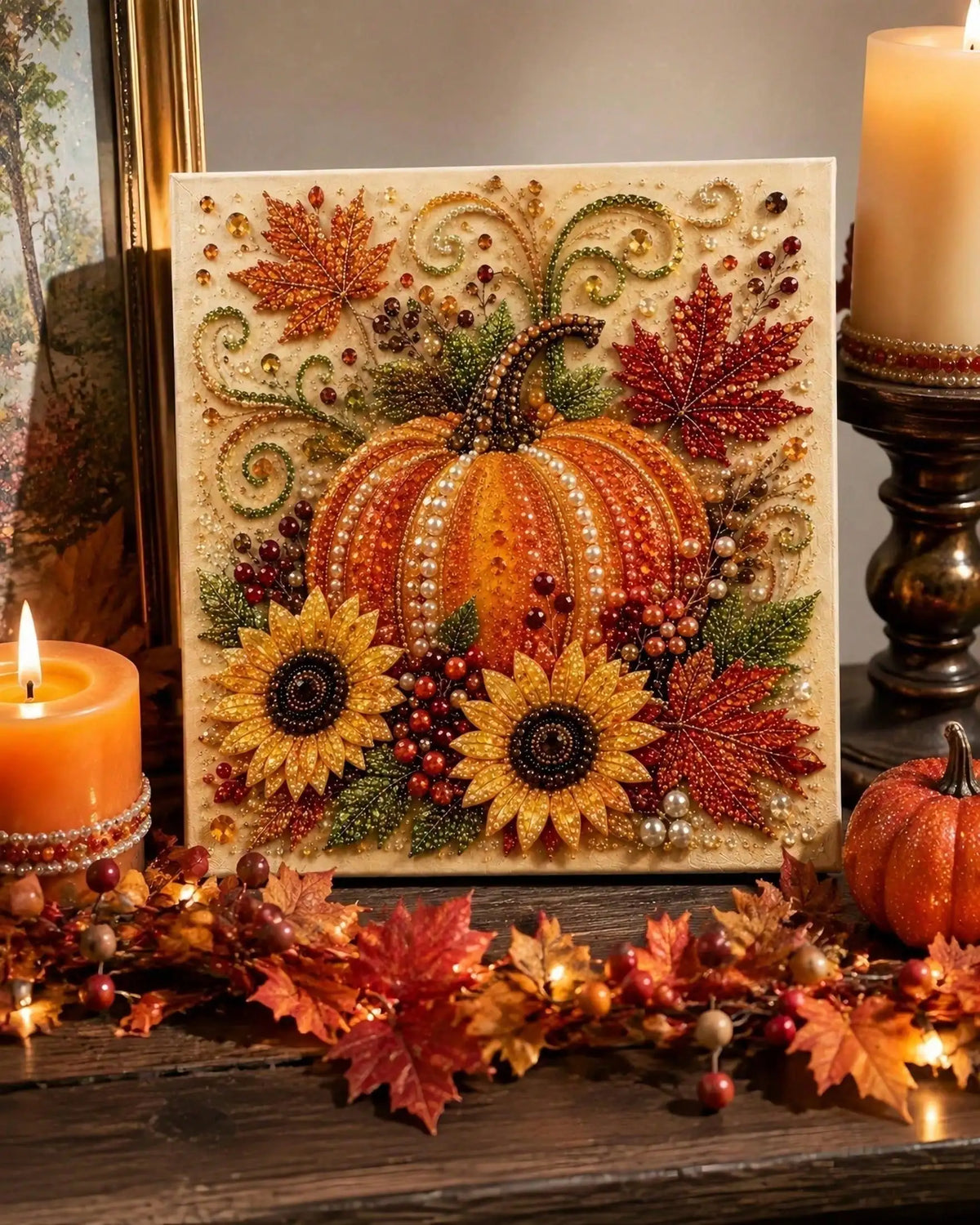 Autumn Pumpkin Pearl 5D Diamond Art Painting Kit for Adults and Beginners