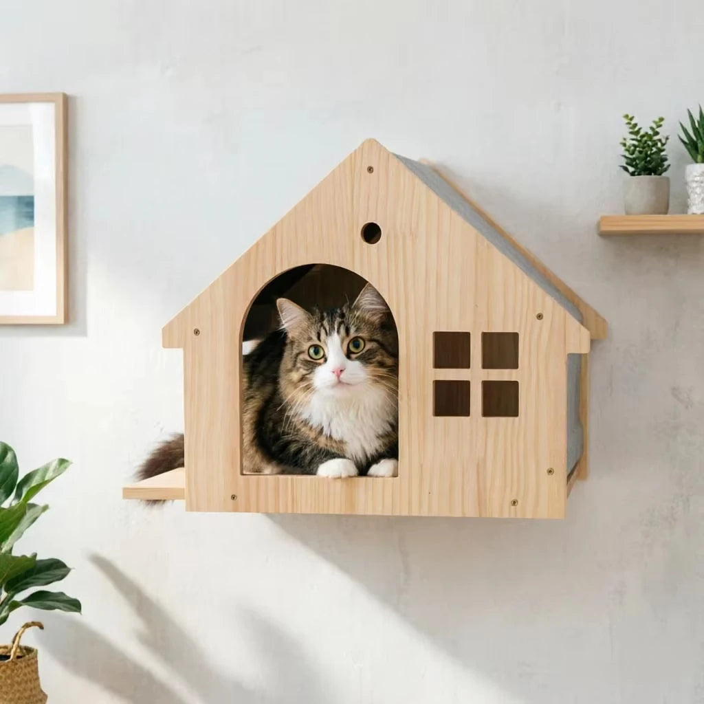 Solid Wood Wall Mounted Cat Shelf Floating Condo Villa