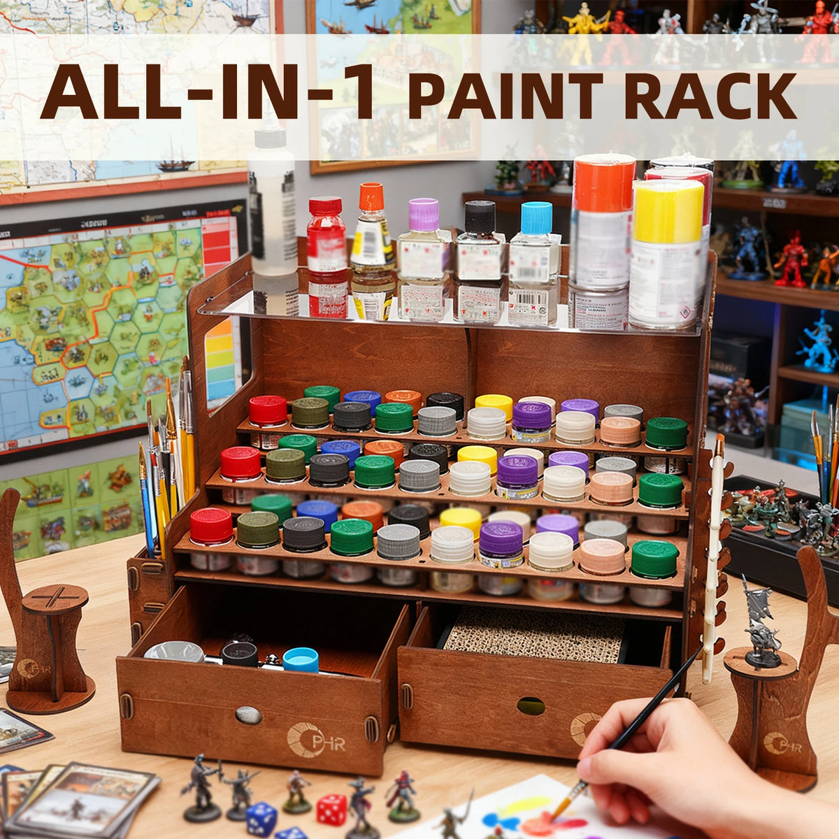 Wooden Model Paint Organizer Rack With Brush And Tool Holder