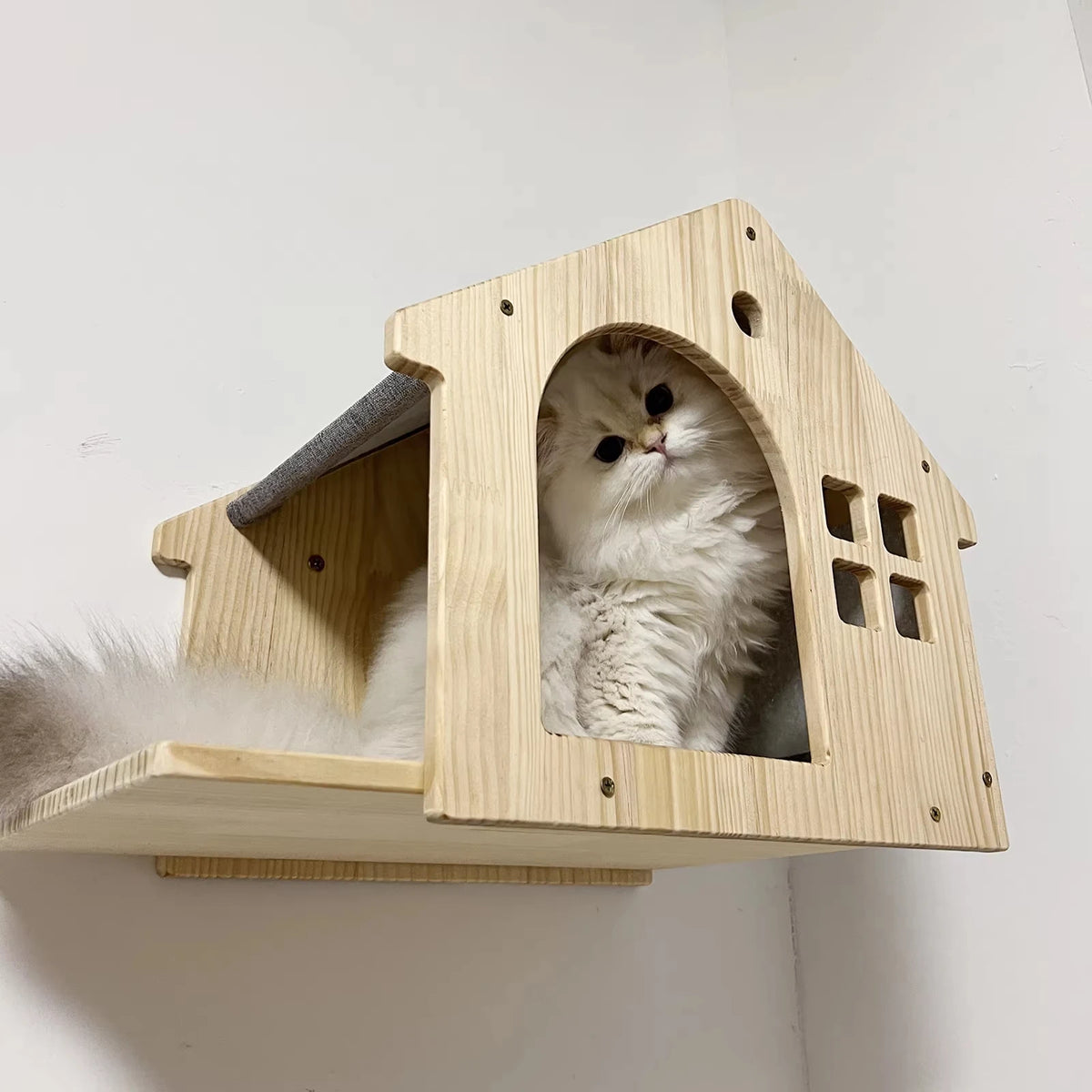 Solid Wood Wall Mounted Cat Shelf Floating Condo Villa