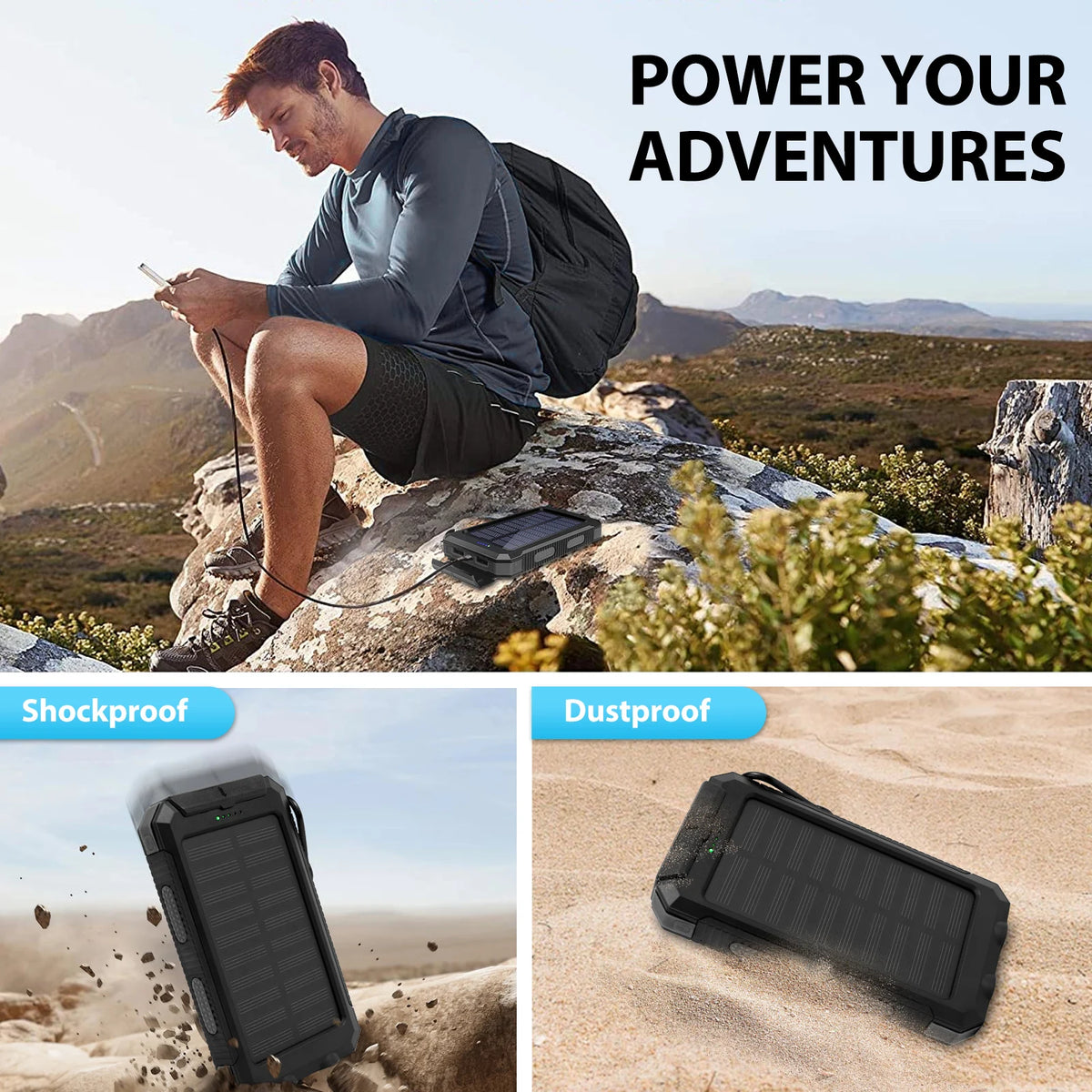 Portable 30000mAh Solar Power Bank Fast Charging Dual USB Flashlight