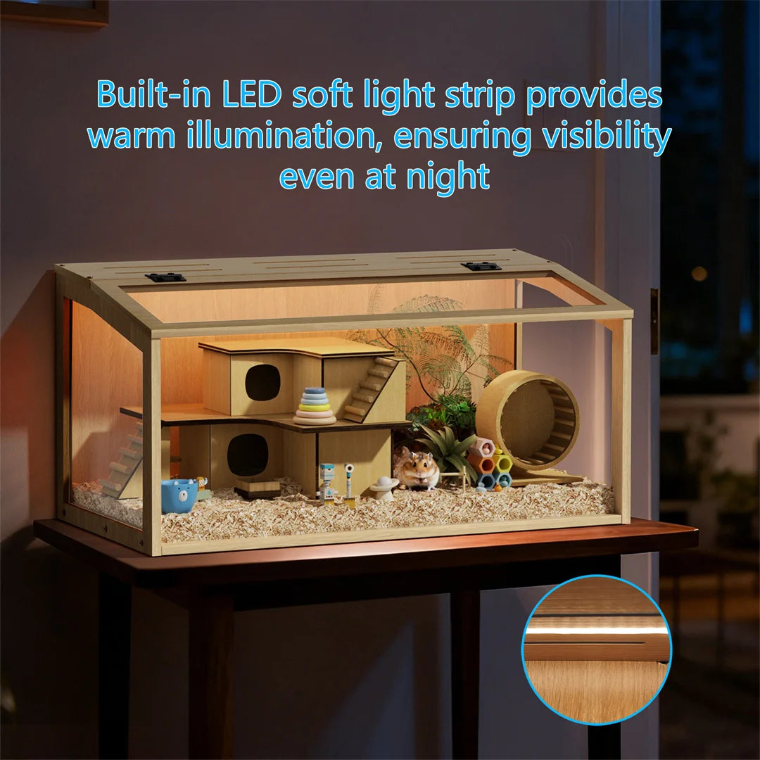 Wooden Hamster Cage With Tempered Glass And Led Lighting