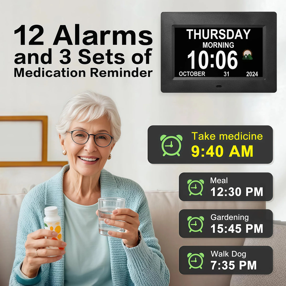 Digital Dementia Clock for Seniors with Day Date and Alarms