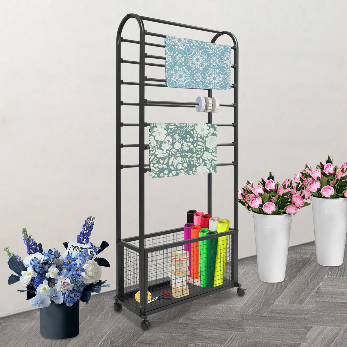 Iron Rolling Ribbon Holder Rack With Storage Basket