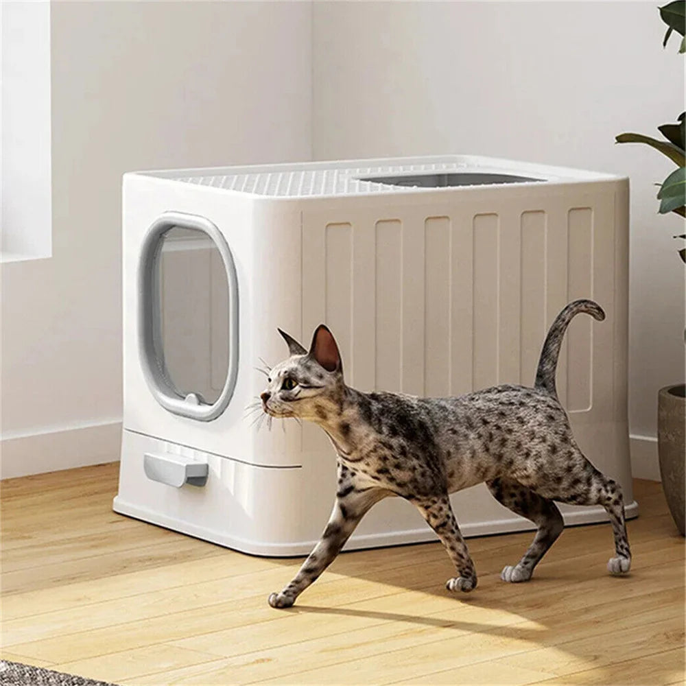 Semi Enclosed Cat Litter Box With Scoop And Plastic Tray