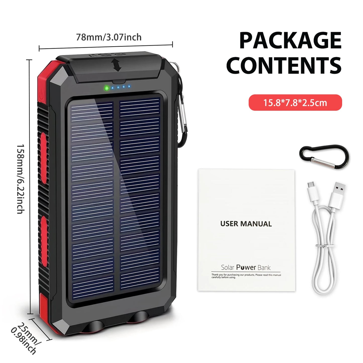Portable 30000mAh Solar Power Bank Fast Charging Dual USB Flashlight