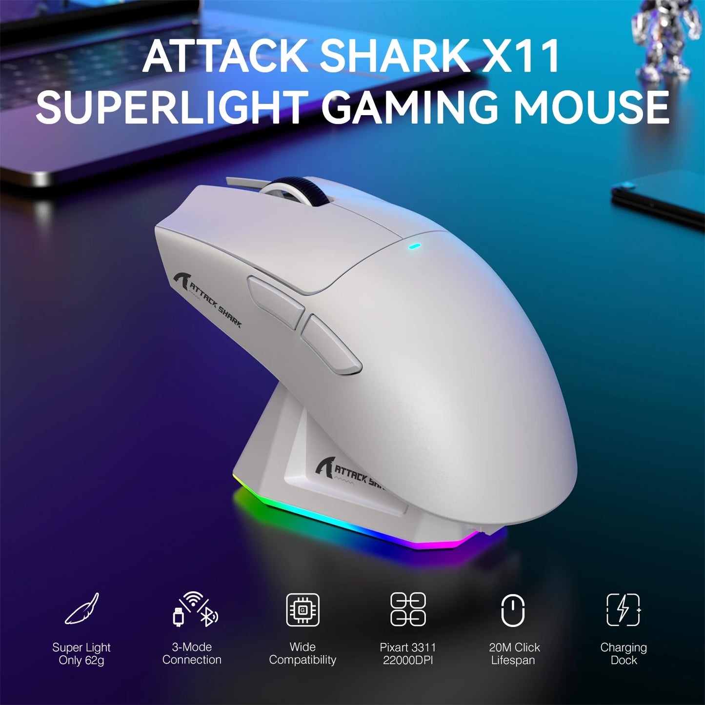 Attack Shark X11 Wireless Gaming Mouse 22K DPI RGB Backlight