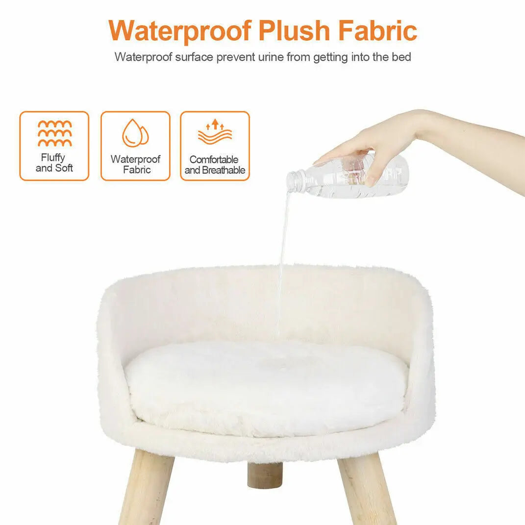 Luxurious Plush Cat Bed With Wooden Legs And Washable Cushion