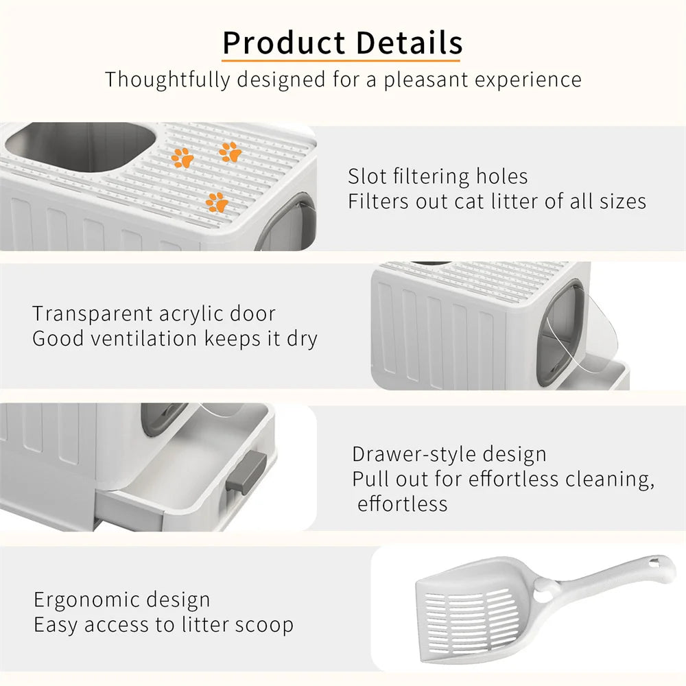 Semi Enclosed Cat Litter Box With Scoop And Plastic Tray
