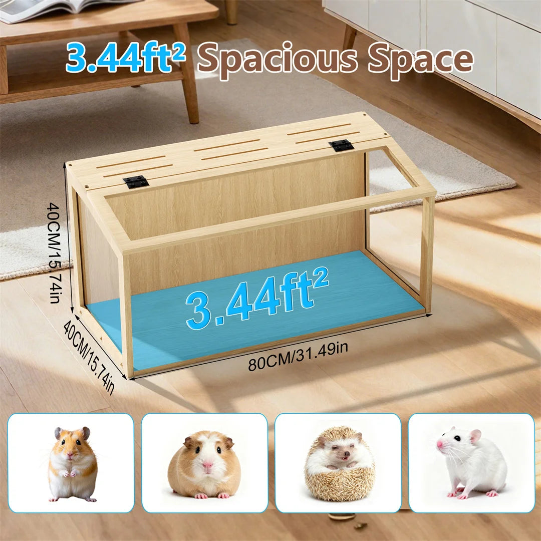 Wooden Hamster Cage With Tempered Glass And Led Lighting