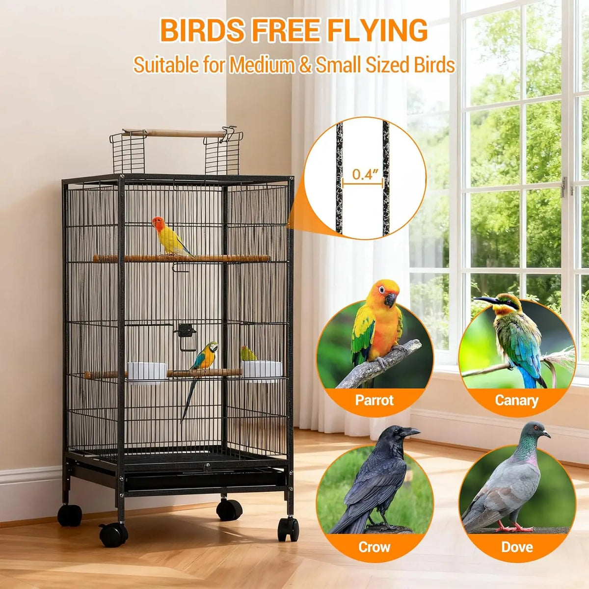 HiMISS Open Top Bird Cage With Rolling Base And Tray