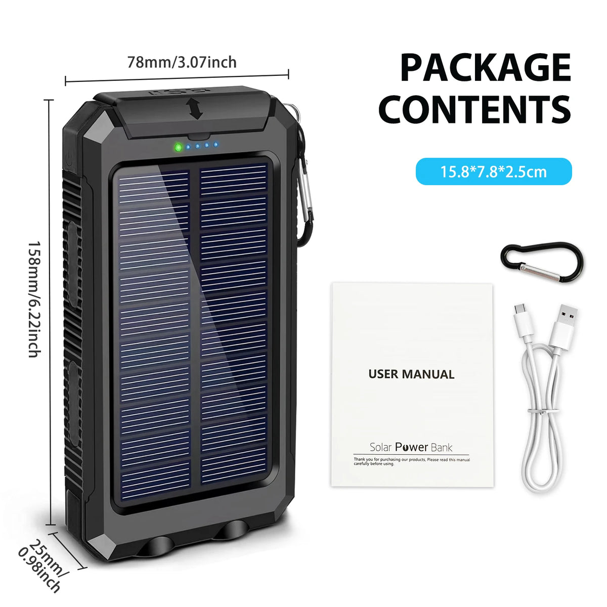 Portable 30000mAh Solar Power Bank Fast Charging Dual USB Flashlight