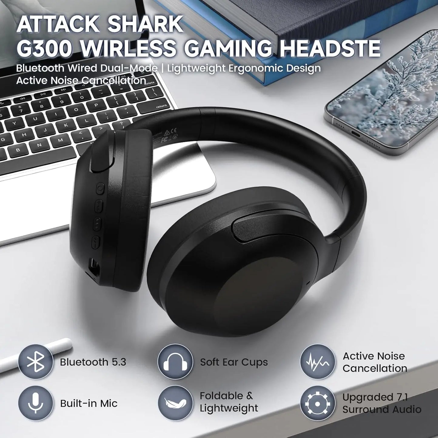 Attack Shark G300 Wireless Bluetooth Over Ear Headphones Noise Cancelling