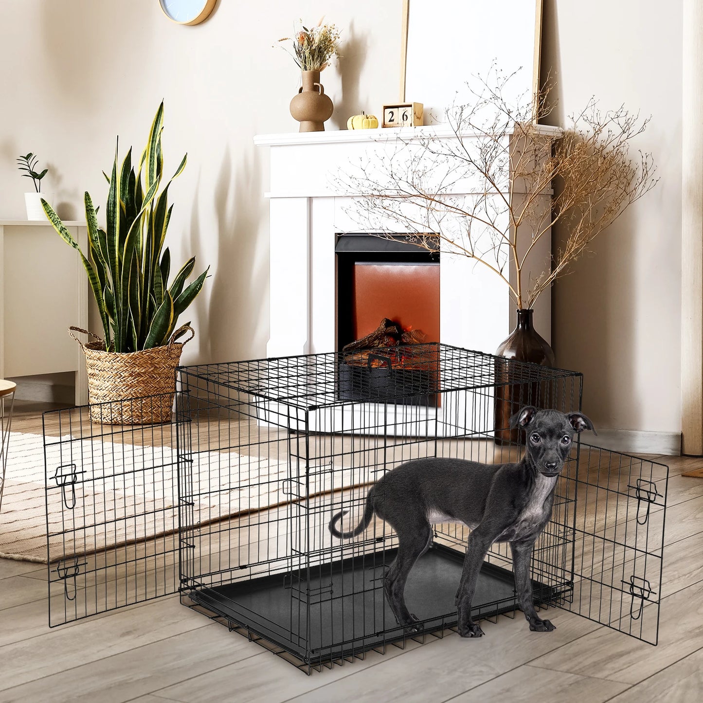 JHK Double Door Folding Metal Wire Dog Cage With Pan