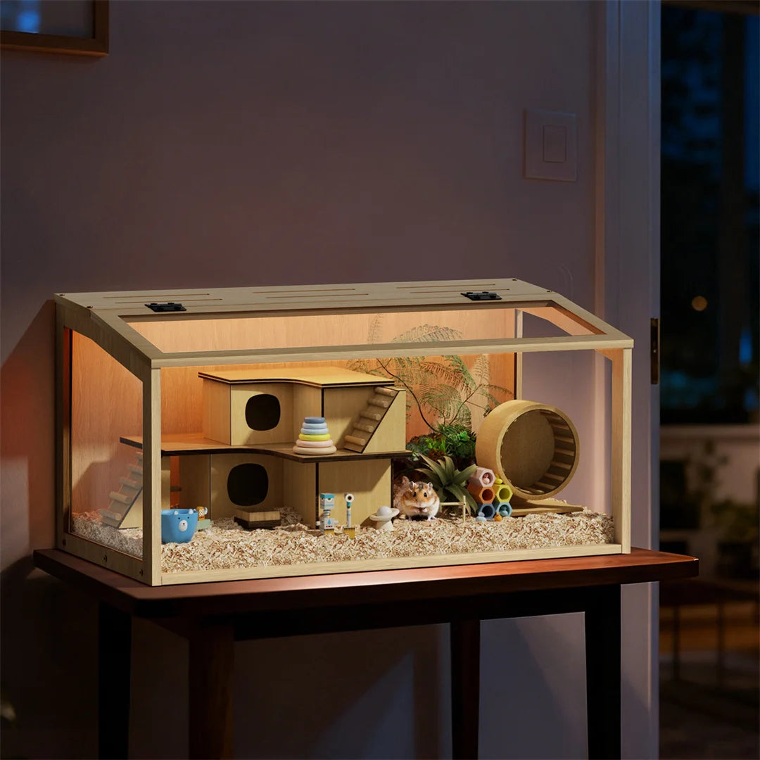 Wooden Hamster Cage With Tempered Glass And Led Lighting