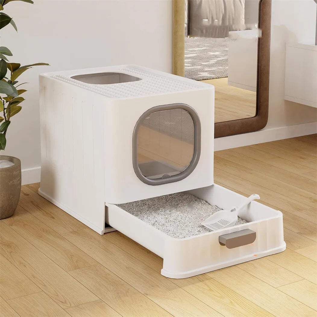 Semi Enclosed Cat Litter Box With Scoop And Plastic Tray