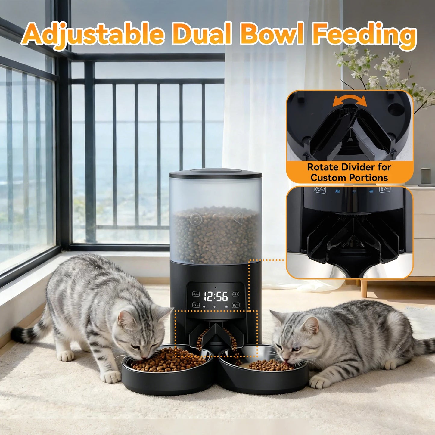 Automatic Cat Food Dispenser Stainless Bowls Dual Power Timed LCD