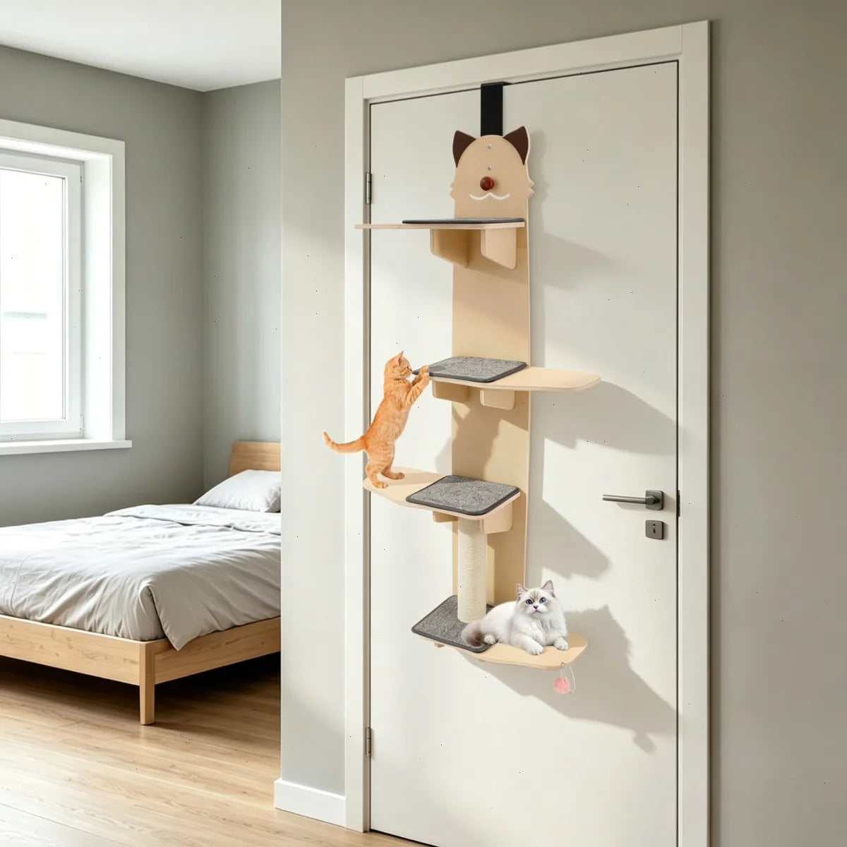 Door Hanging Cat Tree With Scratch Post And Wooden Shelves