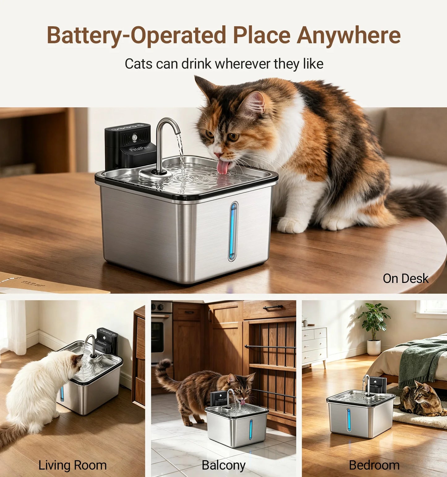 Wireless Stainless Steel Cat Water Fountain Cordless Drinking Dispenser Indoor