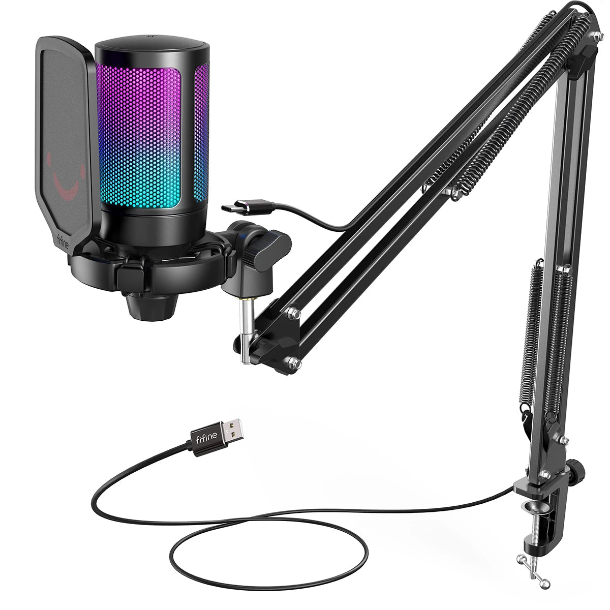 FIFINE USB Gaming Microphone Kit With Stand For Computer Streaming