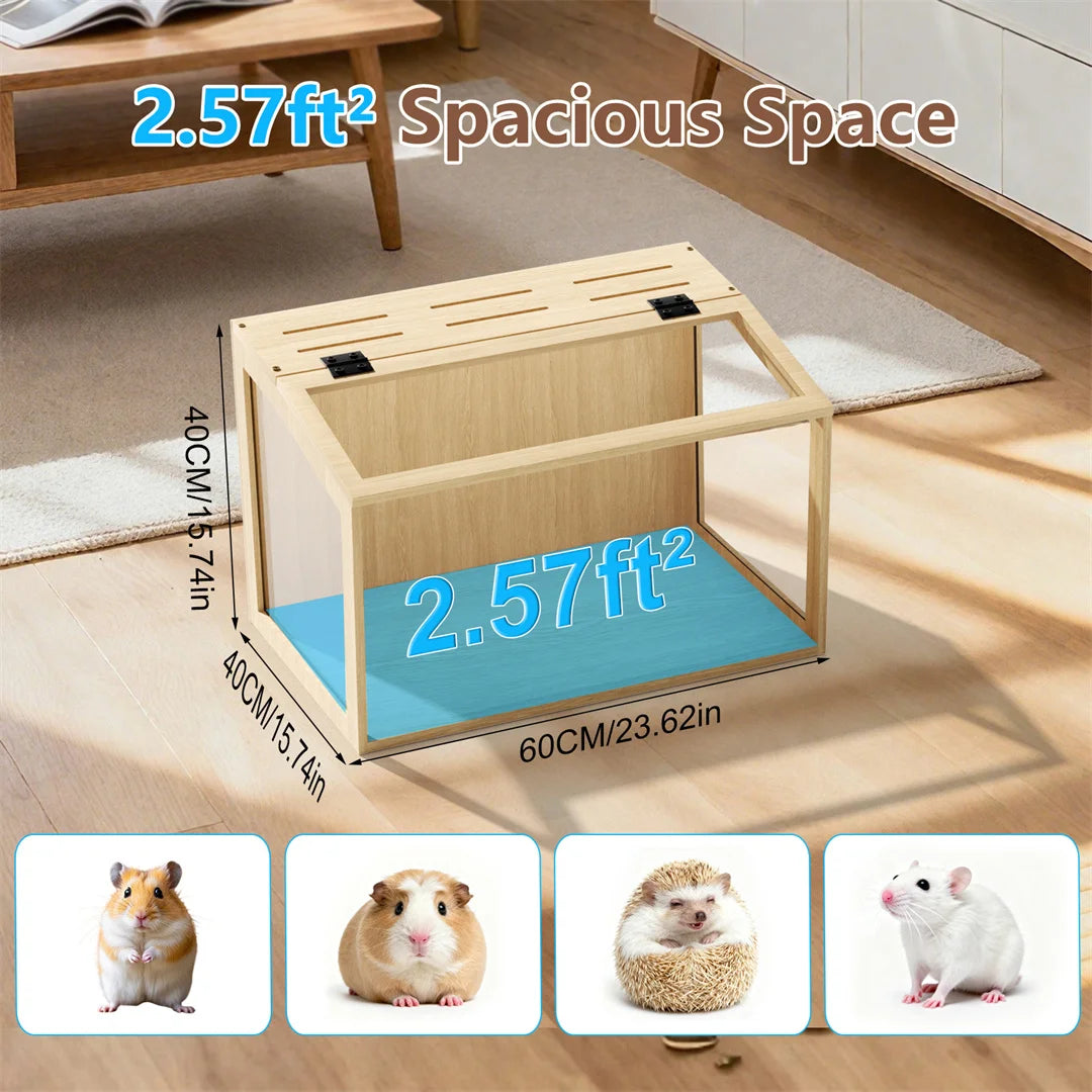 Wooden Hamster Cage With Tempered Glass And Led Lighting