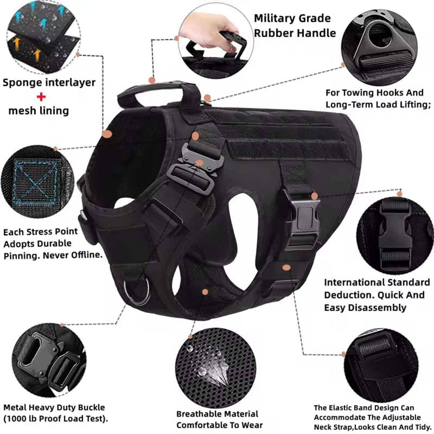 Heavy Duty Tactical Nylon Dog Harness With Molle Pouches