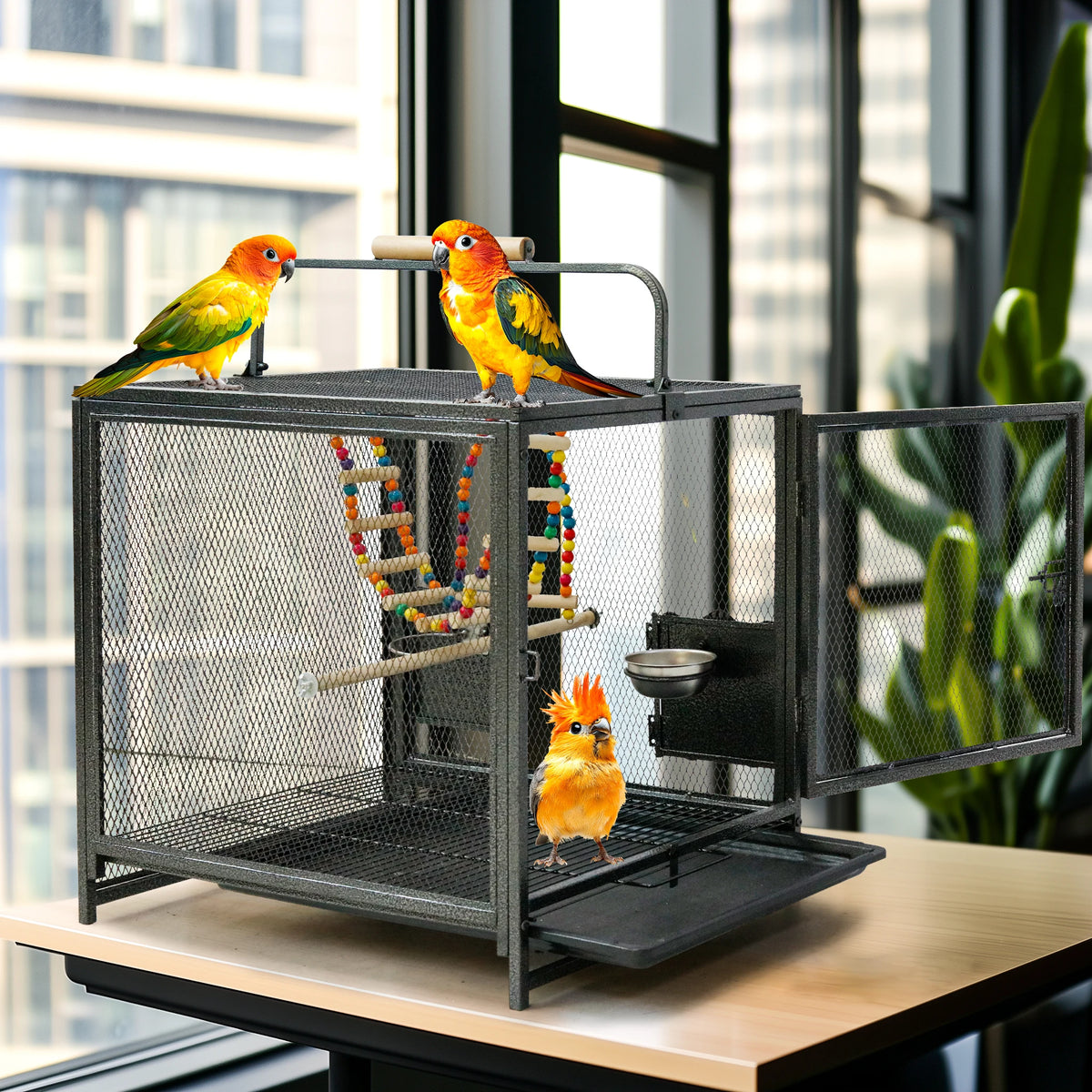 Wrought Iron Bird Travel Carrier With Wooden Perch And Guard