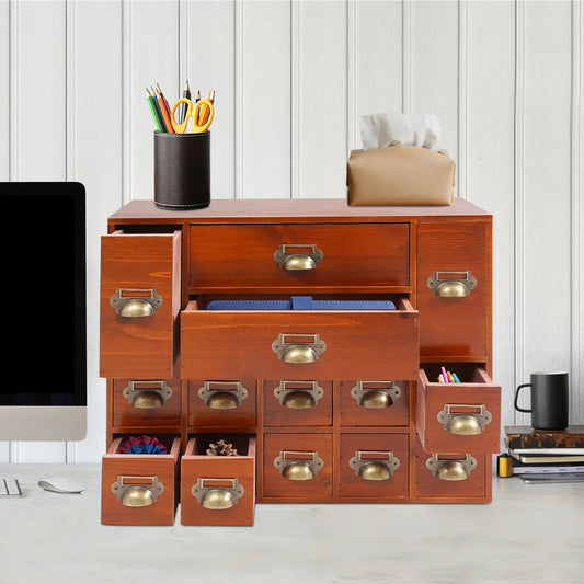 Solid Wood Fourteen Drawer Storage Cabinet Desk Organizer