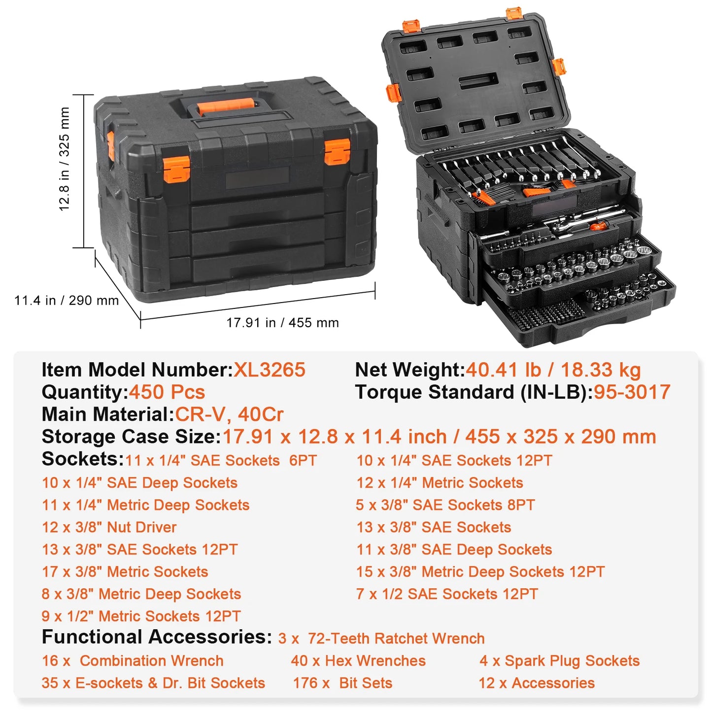 SucceBuy 450 Piece Mechanics Tool Set With Deep Metric Sockets