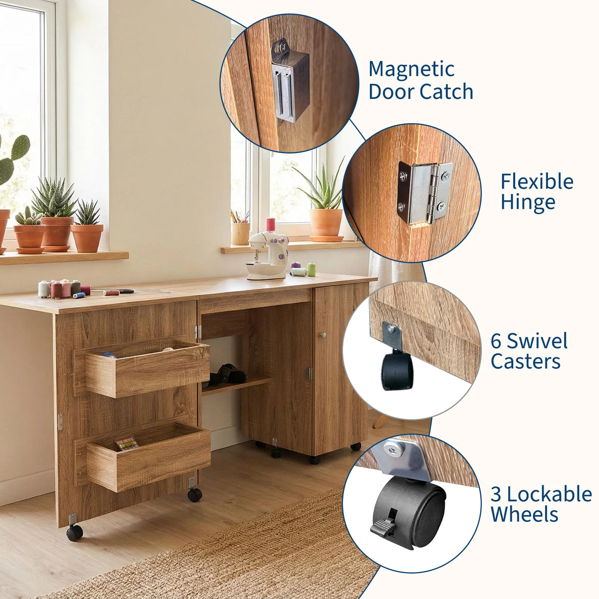 GAOMON Folding Sewing Cabinet Table with Storage and Lockable Wheels