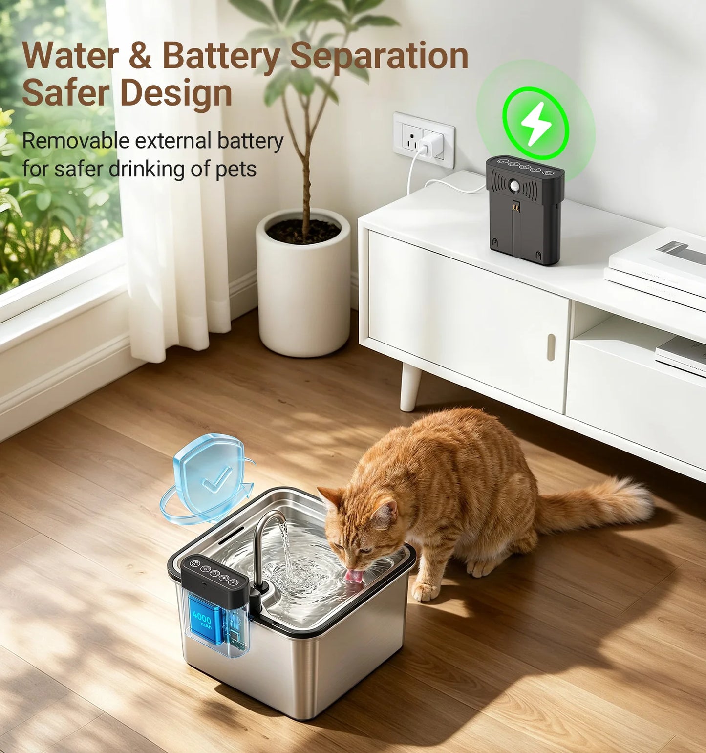 Wireless Stainless Steel Cat Water Fountain Cordless Drinking Dispenser Indoor