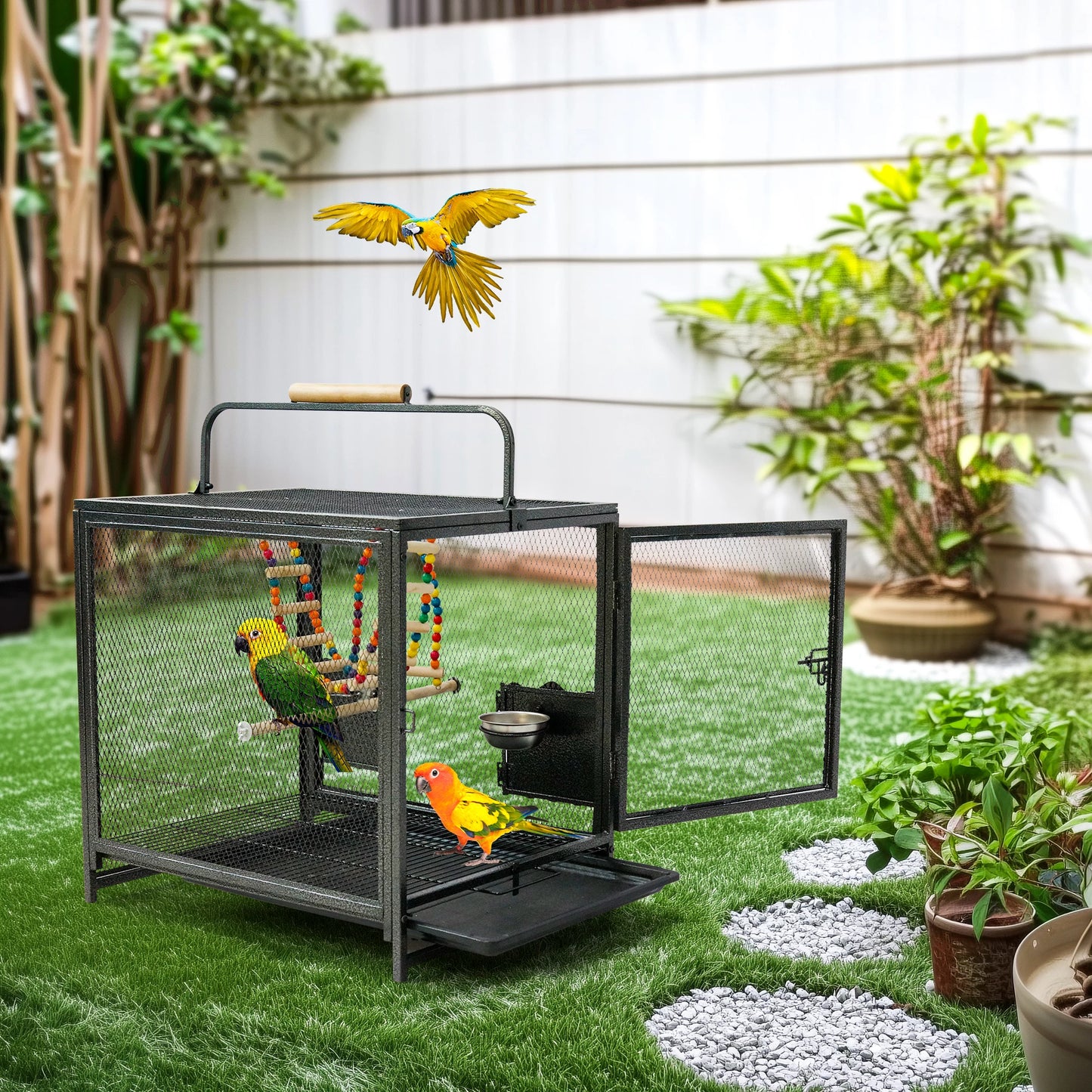 Wrought Iron Bird Travel Carrier With Wooden Perch And Guard
