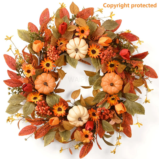 Autumn Pumpkin Harvest Front Door Wreath for Thanksgiving Farmhouse Decor