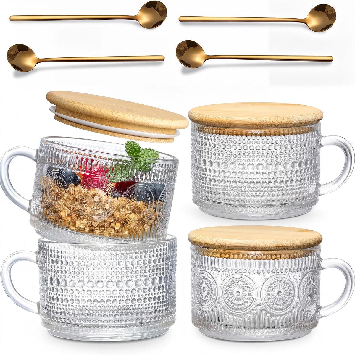 Vintage Embossed Glass Coffee Mug Set With Bamboo Lids Spoons
