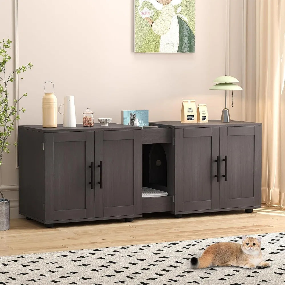 Garvee Wooden Double Room Hidden Cat Litter Box Enclosure Furniture
