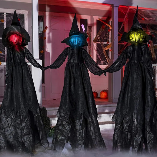 Light Up Flying Witch Halloween Yard Stakes With Sound Activation