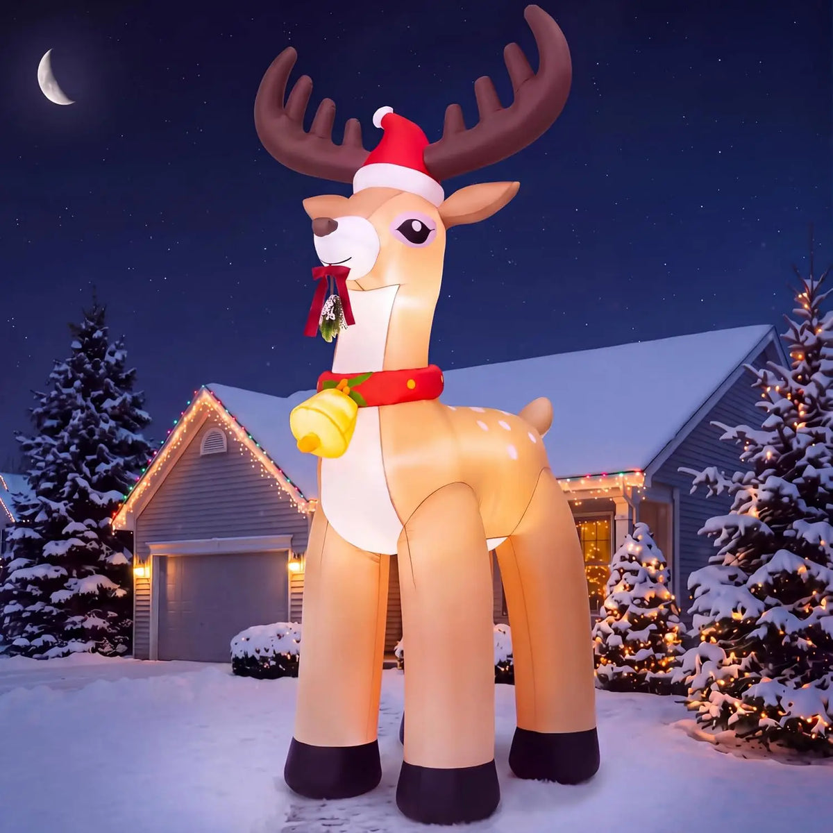 Joyfy Christmas Inflatable Reindeer With Santa Hat And LED Lights