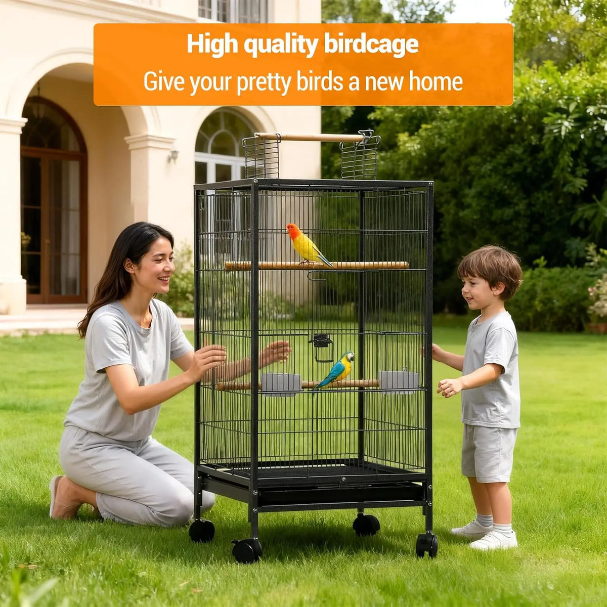 HiMISS Open Top Bird Cage With Rolling Base And Tray