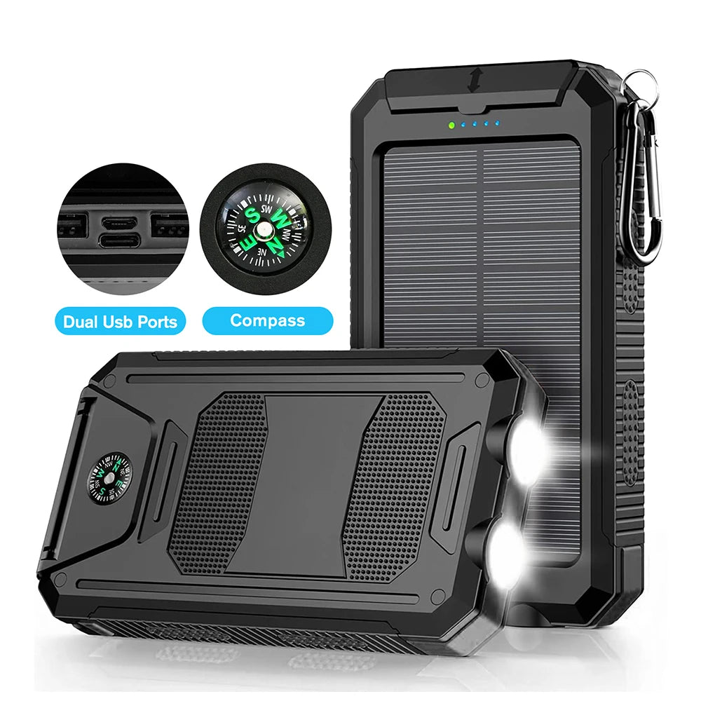 Portable 30000mAh Solar Power Bank Fast Charging Dual USB Flashlight