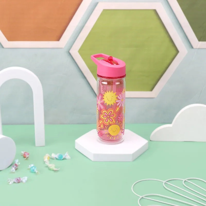 Flower Double Wall Insulated Water Bottle With Lid And Straw
