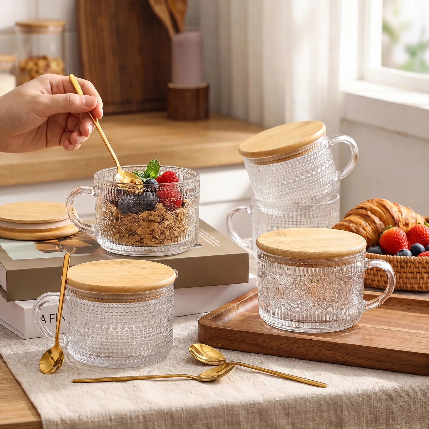 Vintage Embossed Glass Coffee Mug Set With Bamboo Lids Spoons