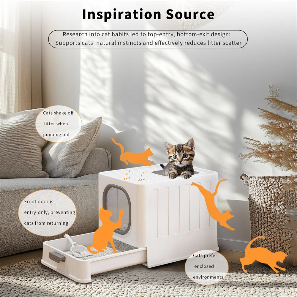 Semi Enclosed Cat Litter Box With Scoop And Plastic Tray