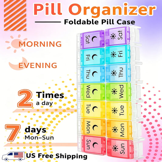 Weekly Pill Organizer 14 Compartments BPA Free Foldable Medicine Box