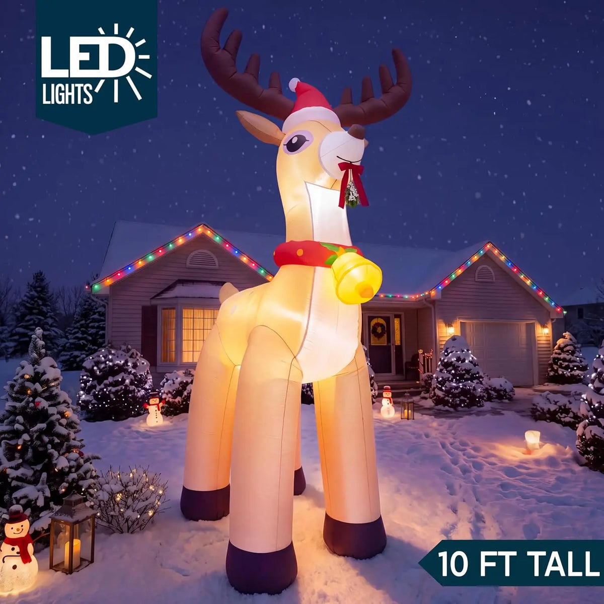 Joyfy Christmas Inflatable Reindeer With Santa Hat And LED Lights